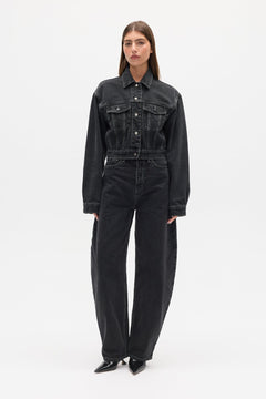 Laine Cropped Denim Jacket in Smoke Black, view 2, Bayse Brand