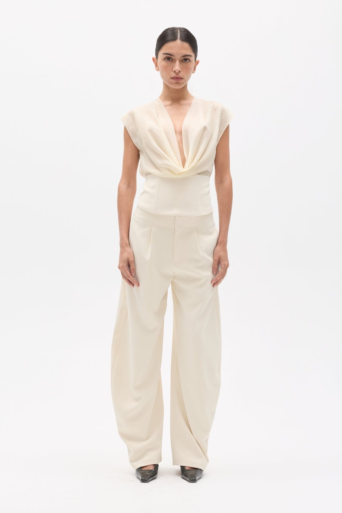 Tessie Cowl Neck Boned Top in Ivory, view 1, Bayse Brand
