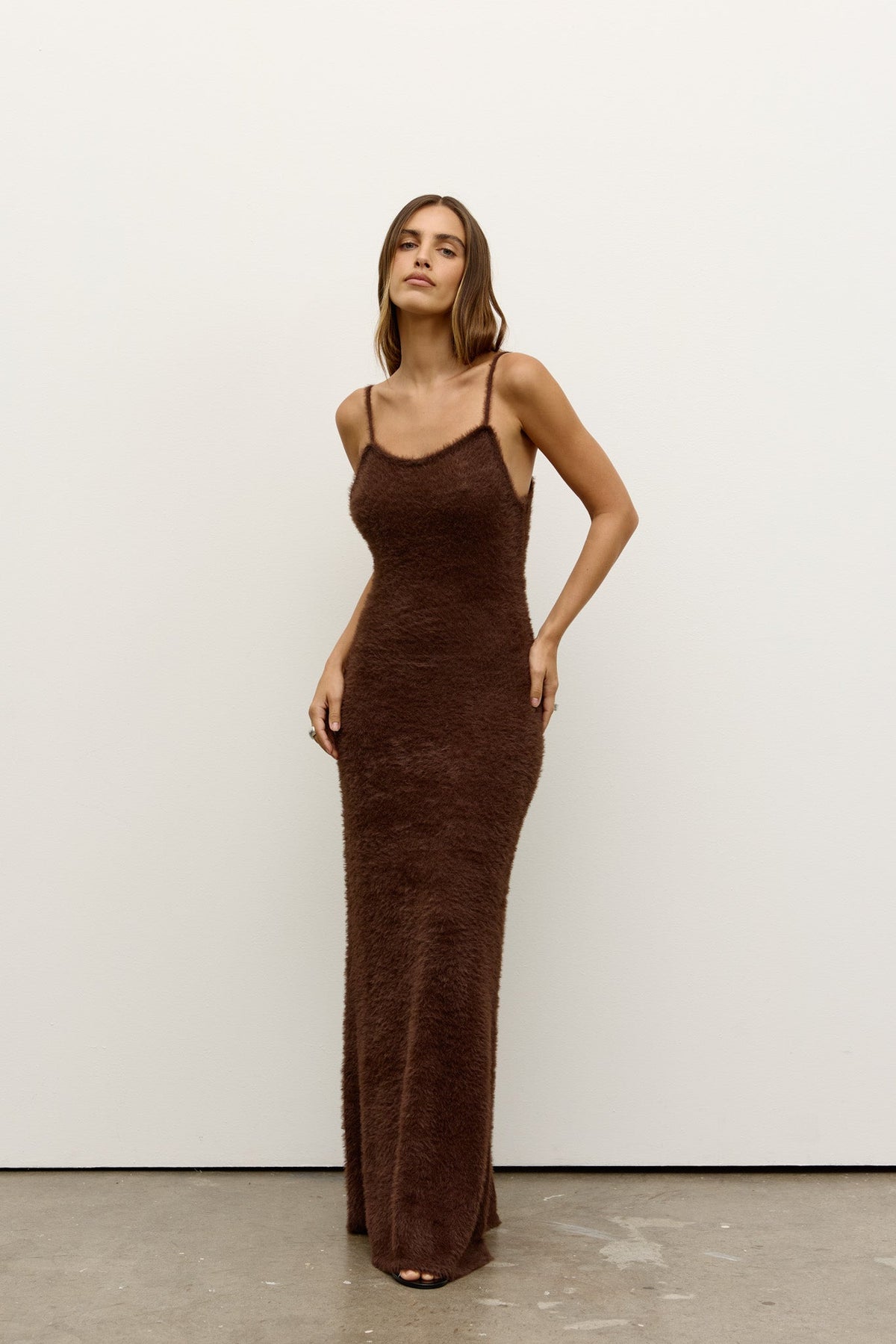 Huxley Plush Knit Maxi Dress in Chocolate, view 1, Bayse Brand