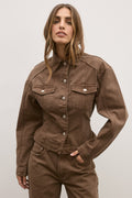 Violet Fitted Denim Jacket in Chocolate, view 1, Bayse Brand