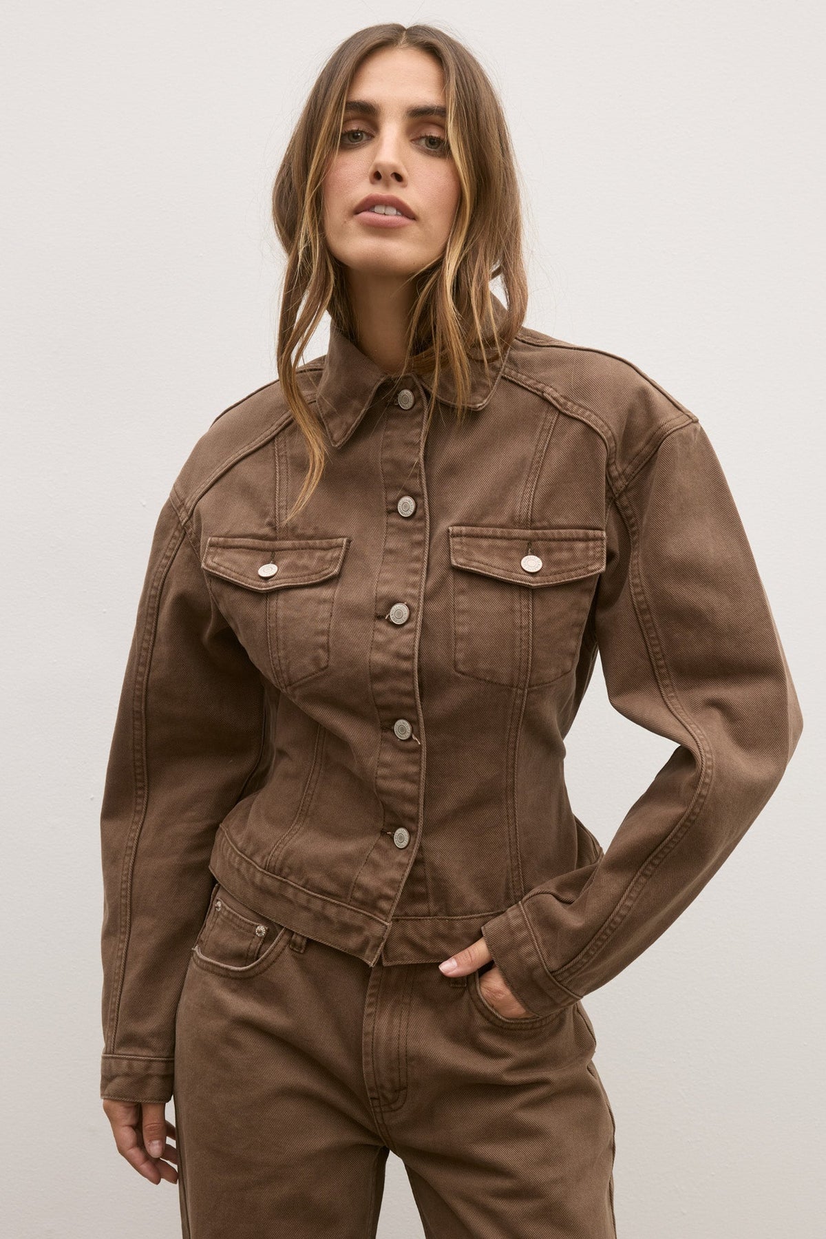Violet Fitted Denim Jacket in Chocolate, view 1, Bayse Brand