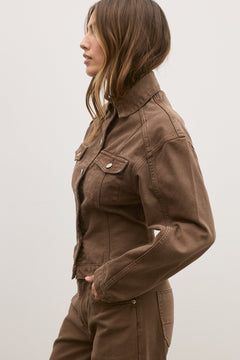 Violet Fitted Denim Jacket in Chocolate, view 4, Bayse Brand