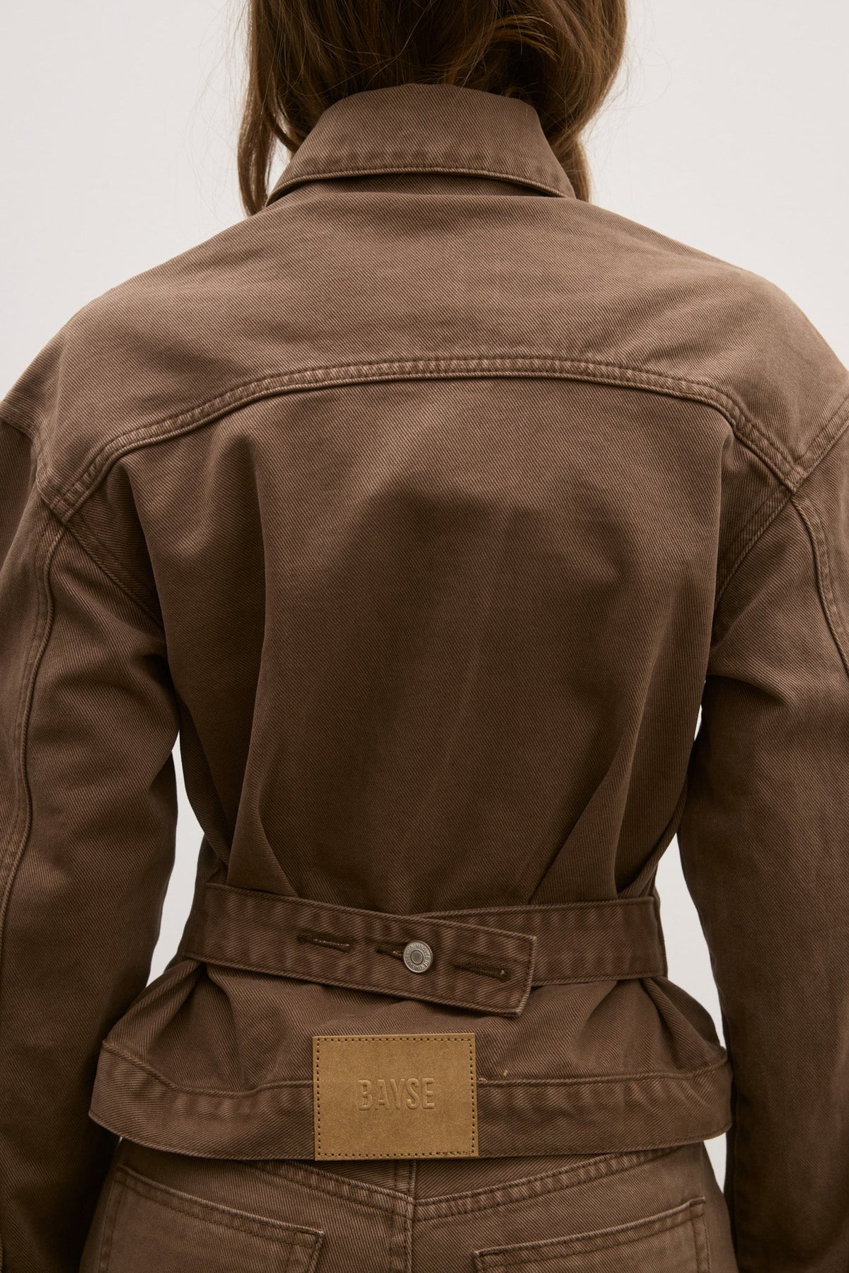 Violet Fitted Denim Jacket in Chocolate, view 5, Bayse Brand