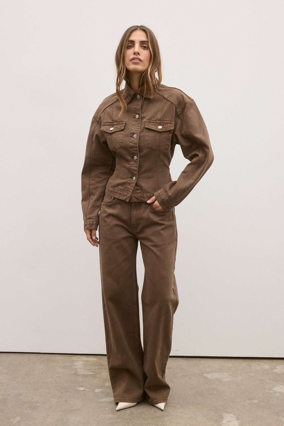 Violet Fitted Denim Jacket in Chocolate, view 3, Bayse Brand