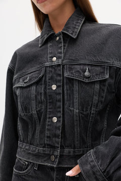 Laine Cropped Denim Jacket in Smoke Black, view 3, Bayse Brand