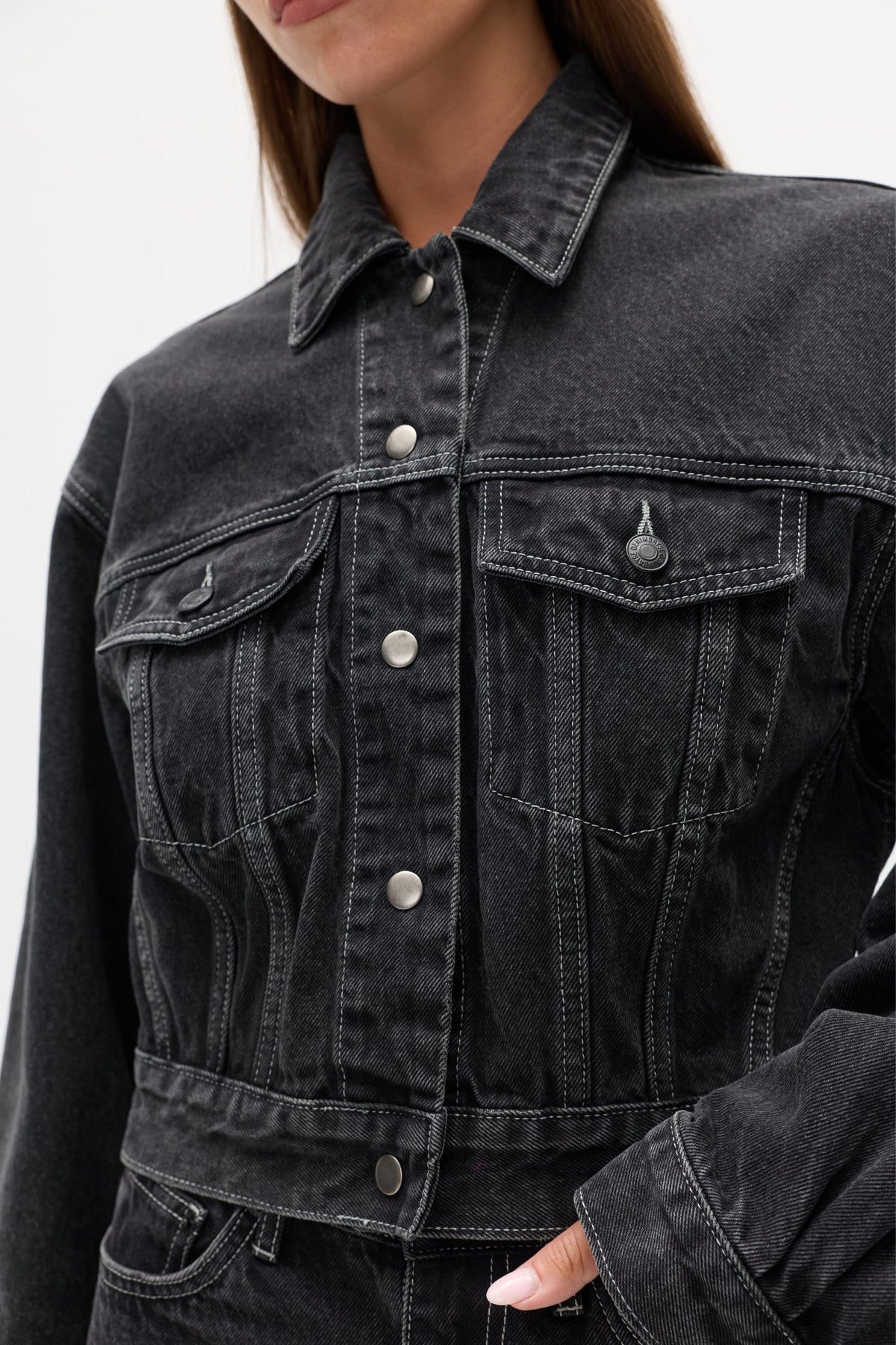 Laine Cropped Denim Jacket in Smoke Black, view 3, Bayse Brand