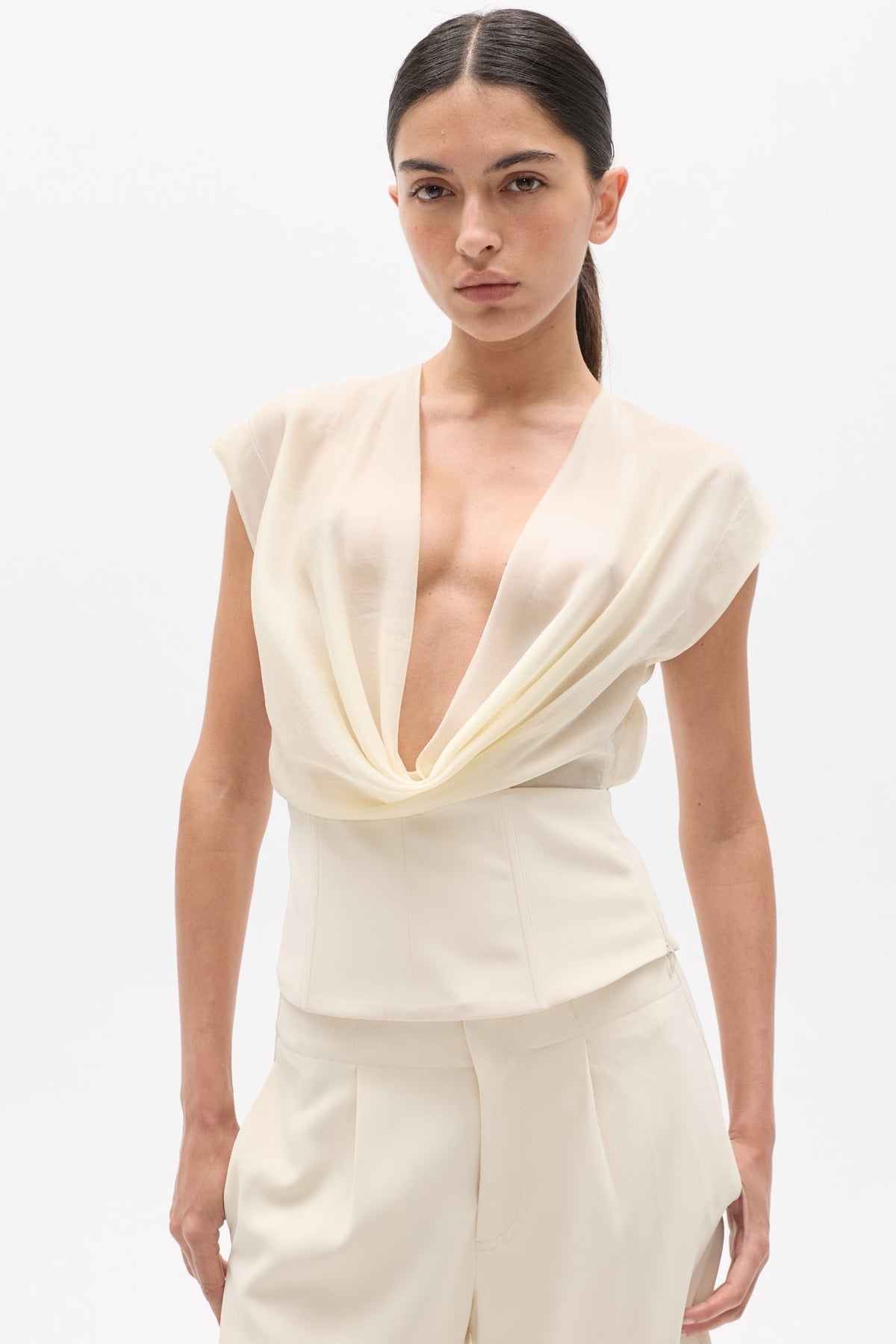 Tessie Cowl Neck Boned Top in Ivory, view 3, Bayse Brand