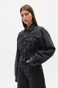 Laine Cropped Denim Jacket in Smoke Black, view 1, Bayse Brand