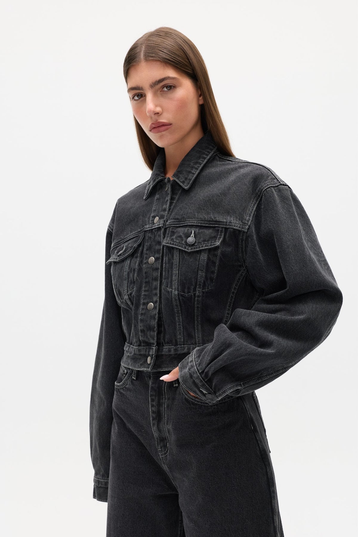 Laine Cropped Denim Jacket in Smoke Black, view 1, Bayse Brand