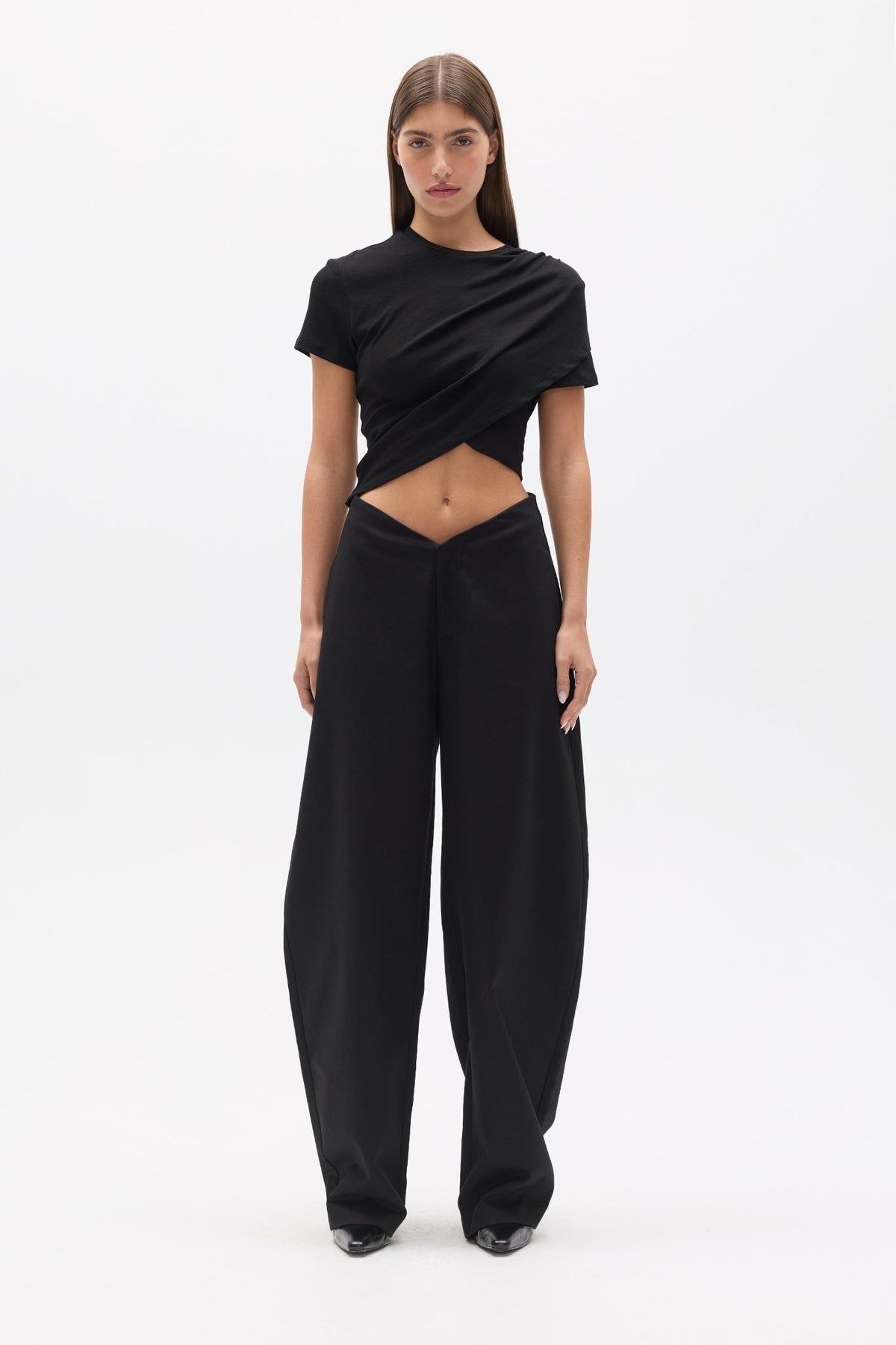 Harris Low Rise Barrel Leg Pant in Black, view 1, Bayse Brand