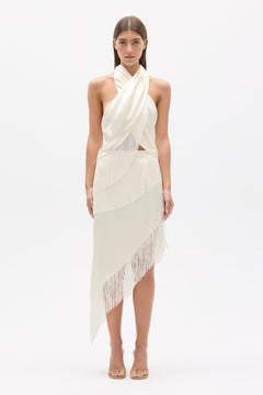 Luxa Fringed Halter Top in Ivory, view 1, Bayse Brand