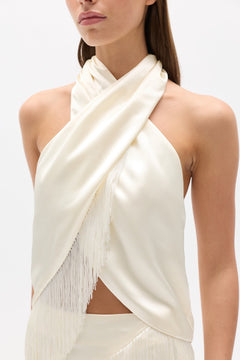 Luxa Fringed Halter Top in Ivory, view 2, Bayse Brand