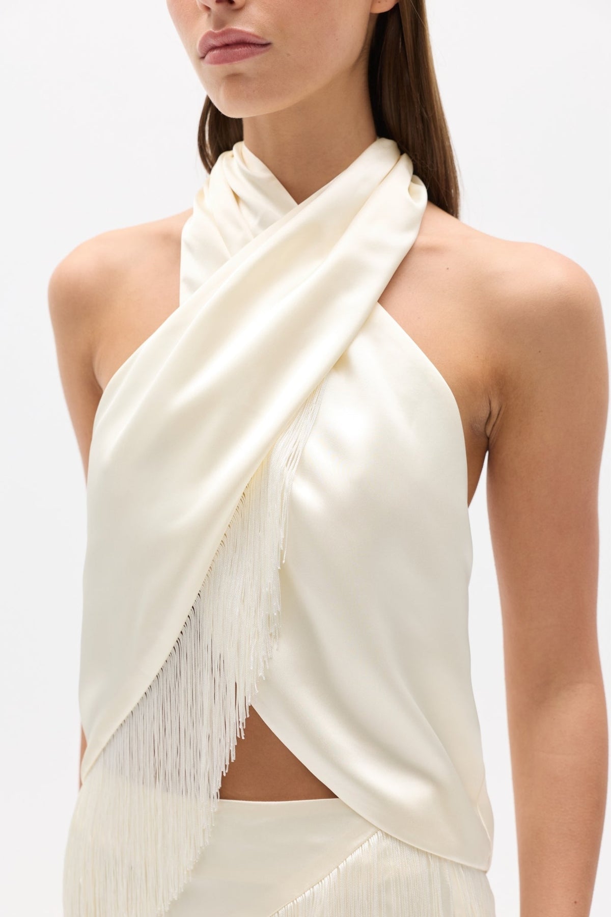 Luxa Fringed Halter Top in Ivory, view 2, Bayse Brand