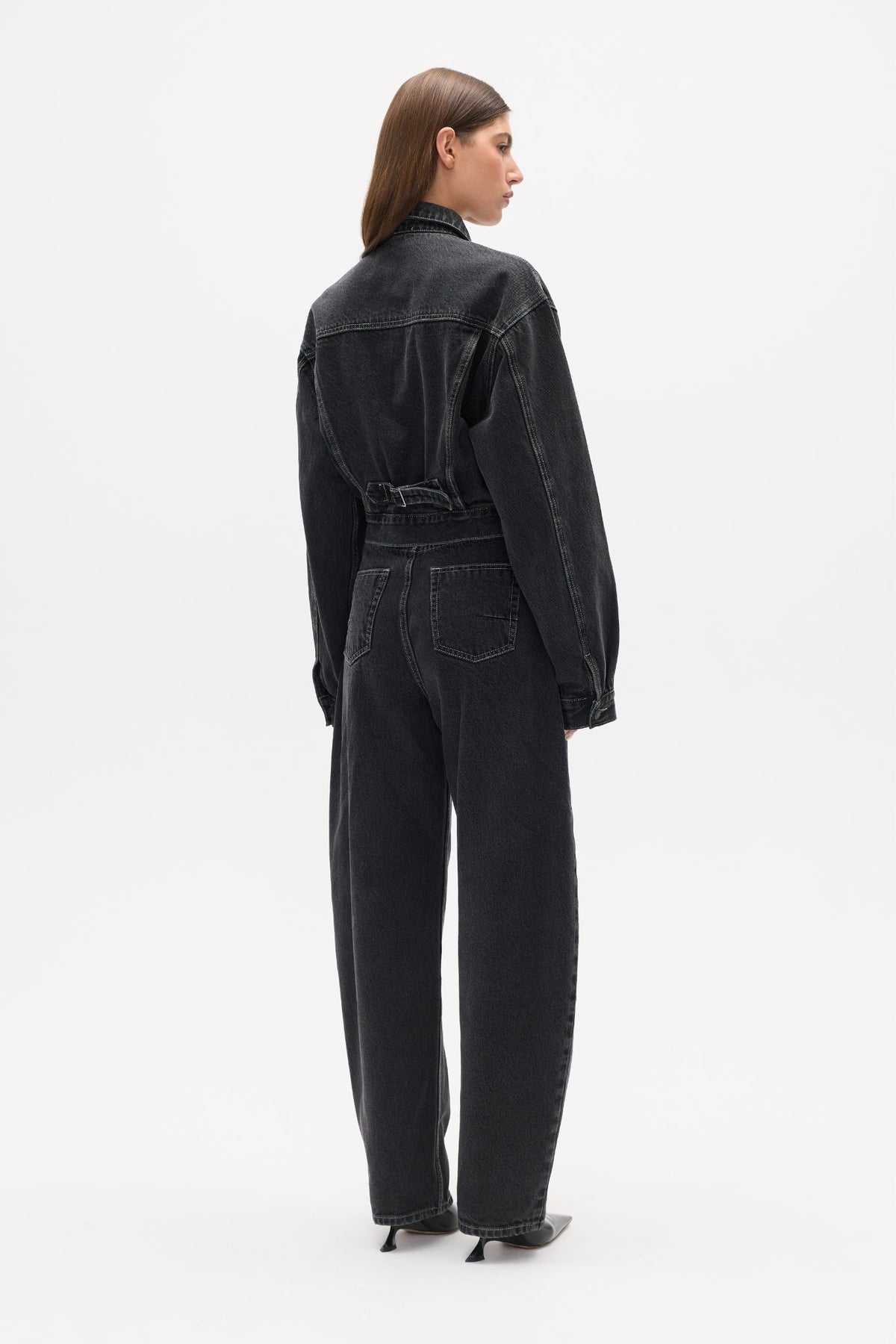 Laine Cropped Denim Jacket in Smoke Black, view 5, Bayse Brand