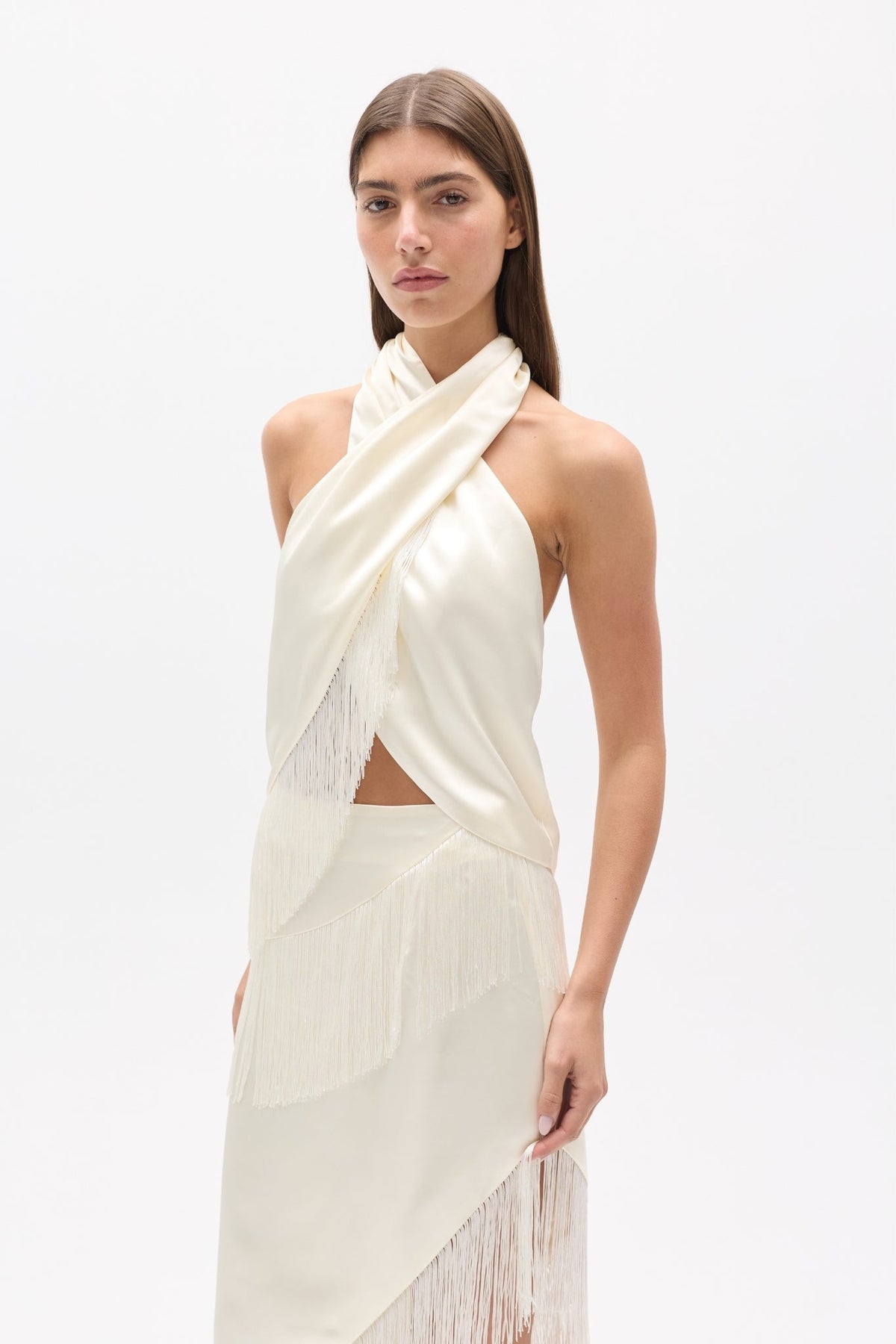 Luxa Fringed Halter Top in Ivory, view 3, Bayse Brand