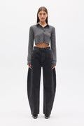 Seren Striped Cropped Polo Top in Grey Stripe, view 1, Bayse Brand