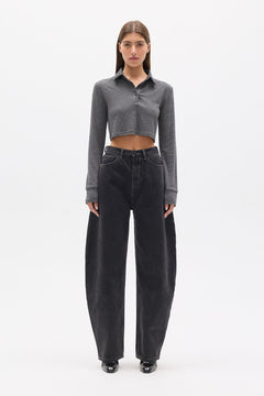 Seren Striped Cropped Polo Top in Grey Stripe, view 1, Bayse Brand