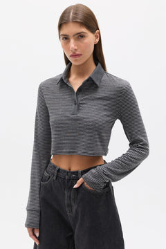Seren Striped Cropped Polo Top in Grey Stripe, view 2, Bayse Brand