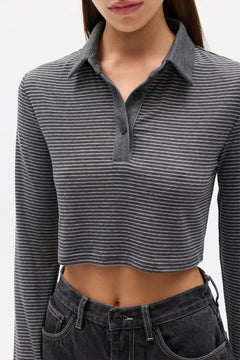 Seren Striped Cropped Polo Top in Grey Stripe, view 3, Bayse Brand