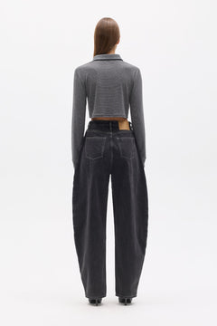 Seren Striped Cropped Polo Top in Grey Stripe, view 4, Bayse Brand