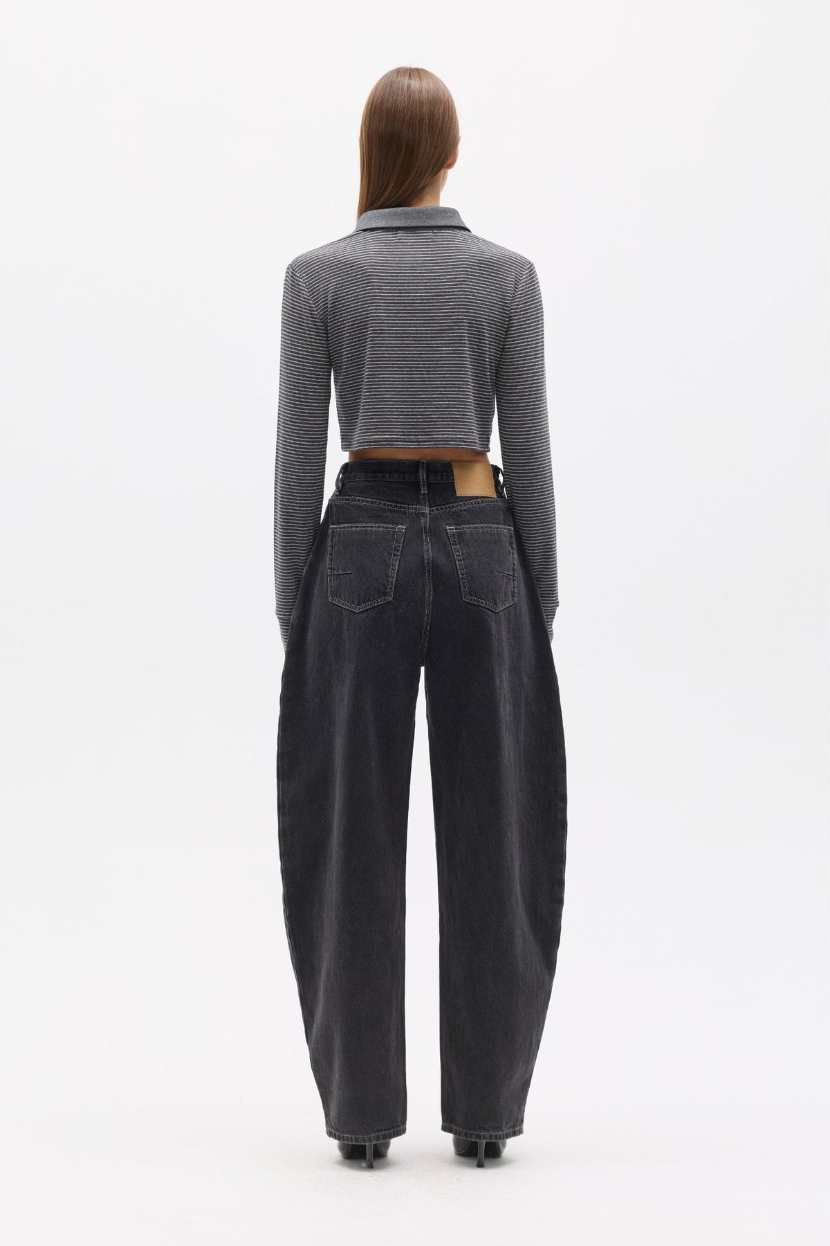 Seren Striped Cropped Polo Top in Grey Stripe, view 4, Bayse Brand