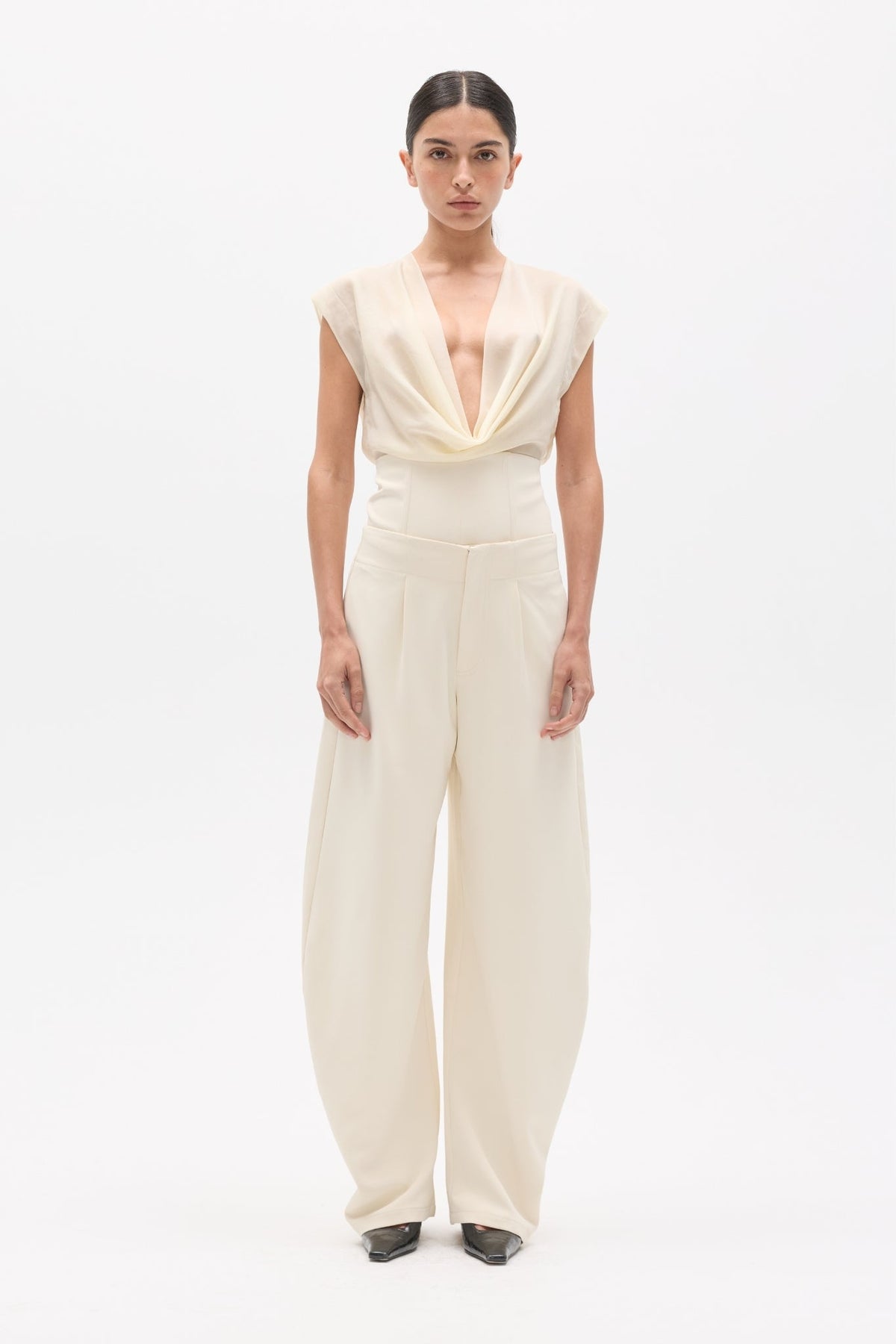 Navy Low Rise Wide Leg Pant in Ivory, view 1, Bayse Brand