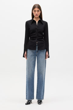 Adaia Stretch Jersey Shirt Top in Black, view 1, Bayse Brand
