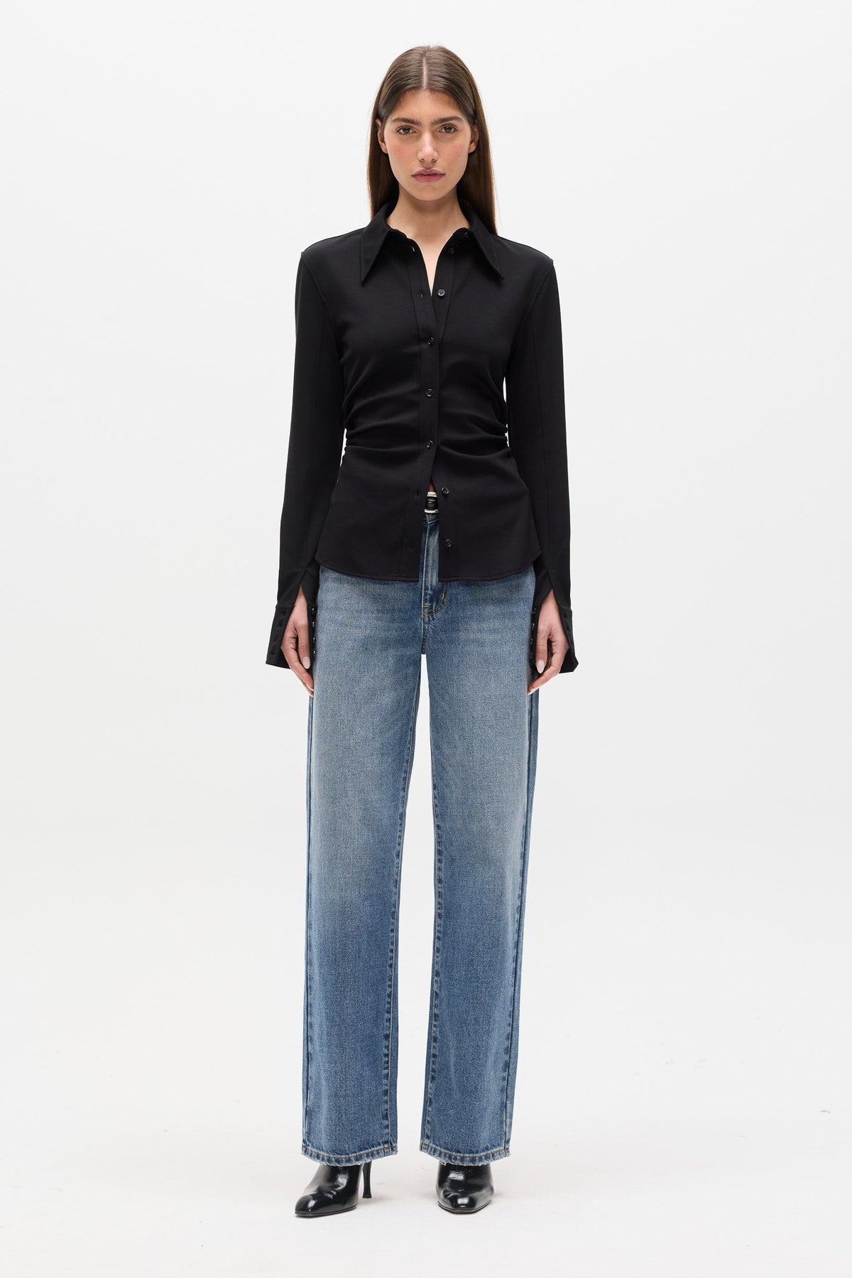 Adaia Stretch Jersey Shirt Top in Black, view 1, Bayse Brand