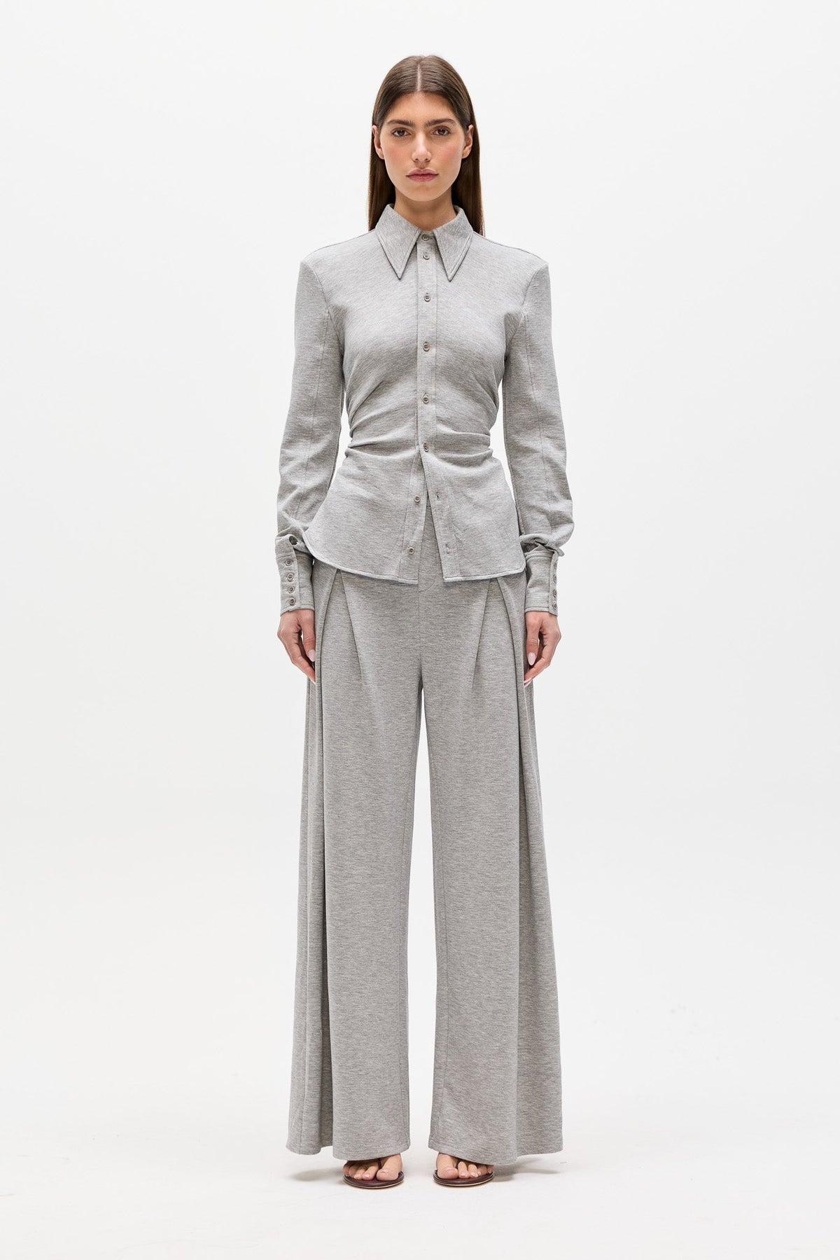 Adaia Stretch Jersey Shirt Top in Grey Marle, view 1, Bayse Brand