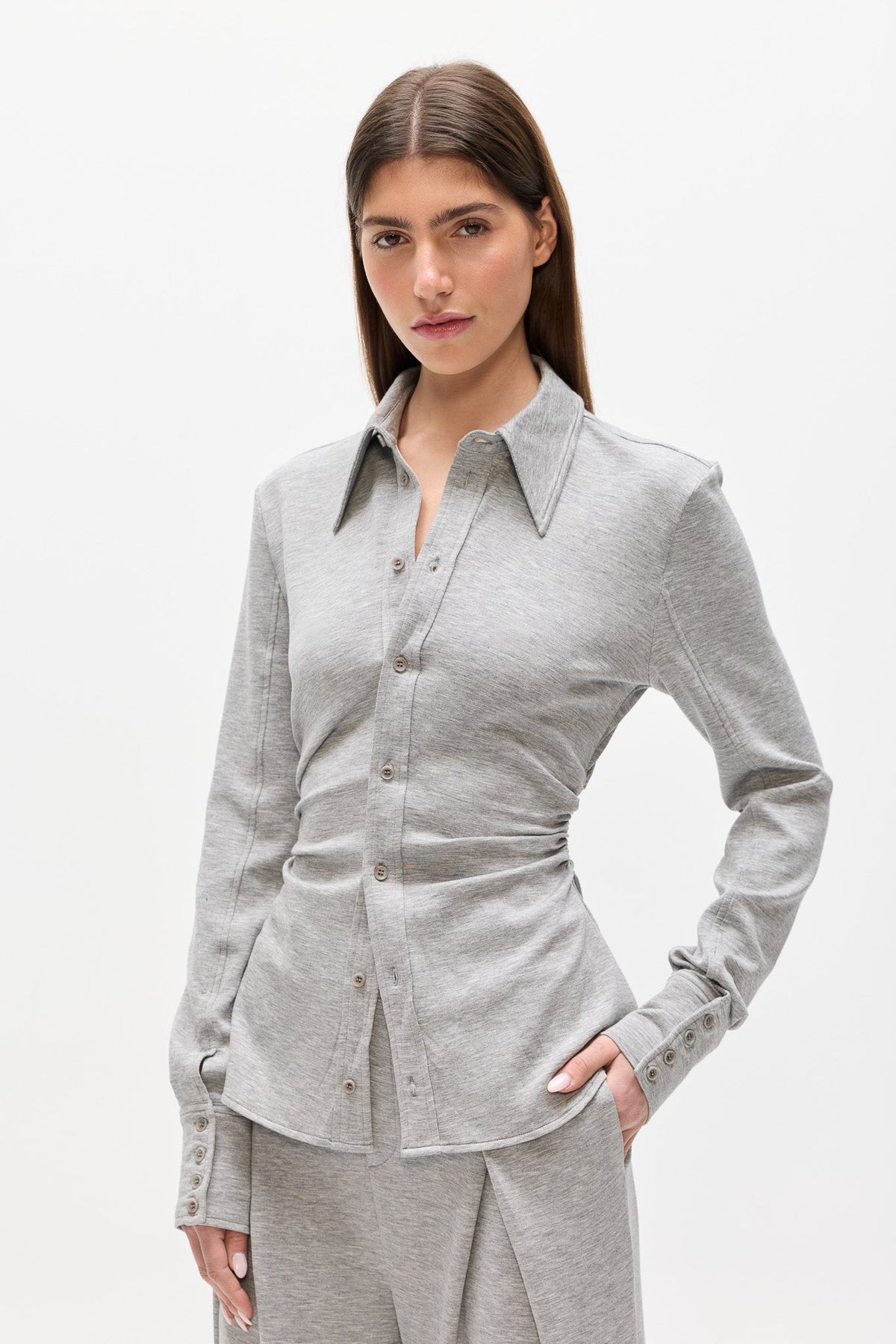 Adaia Stretch Jersey Shirt Top in Grey Marle, view 2, Bayse Brand