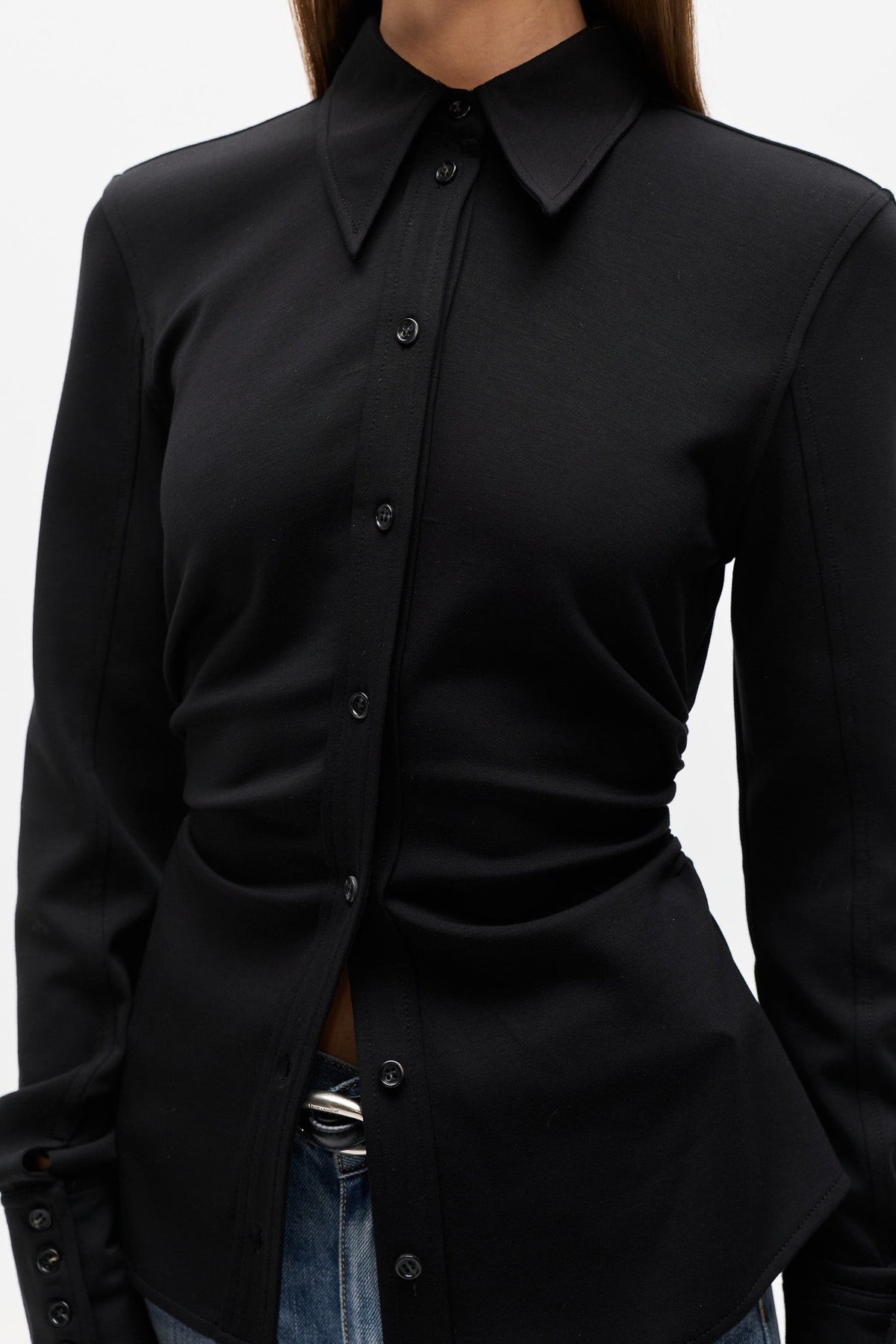 Adaia Stretch Jersey Shirt Top in Black, view 2, Bayse Brand
