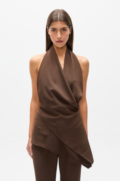 Adonai Draped Halter Top in Brown, view 2, Bayse Brand