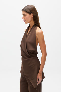 Adonai Draped Halter Top in Brown, view 3, Bayse Brand