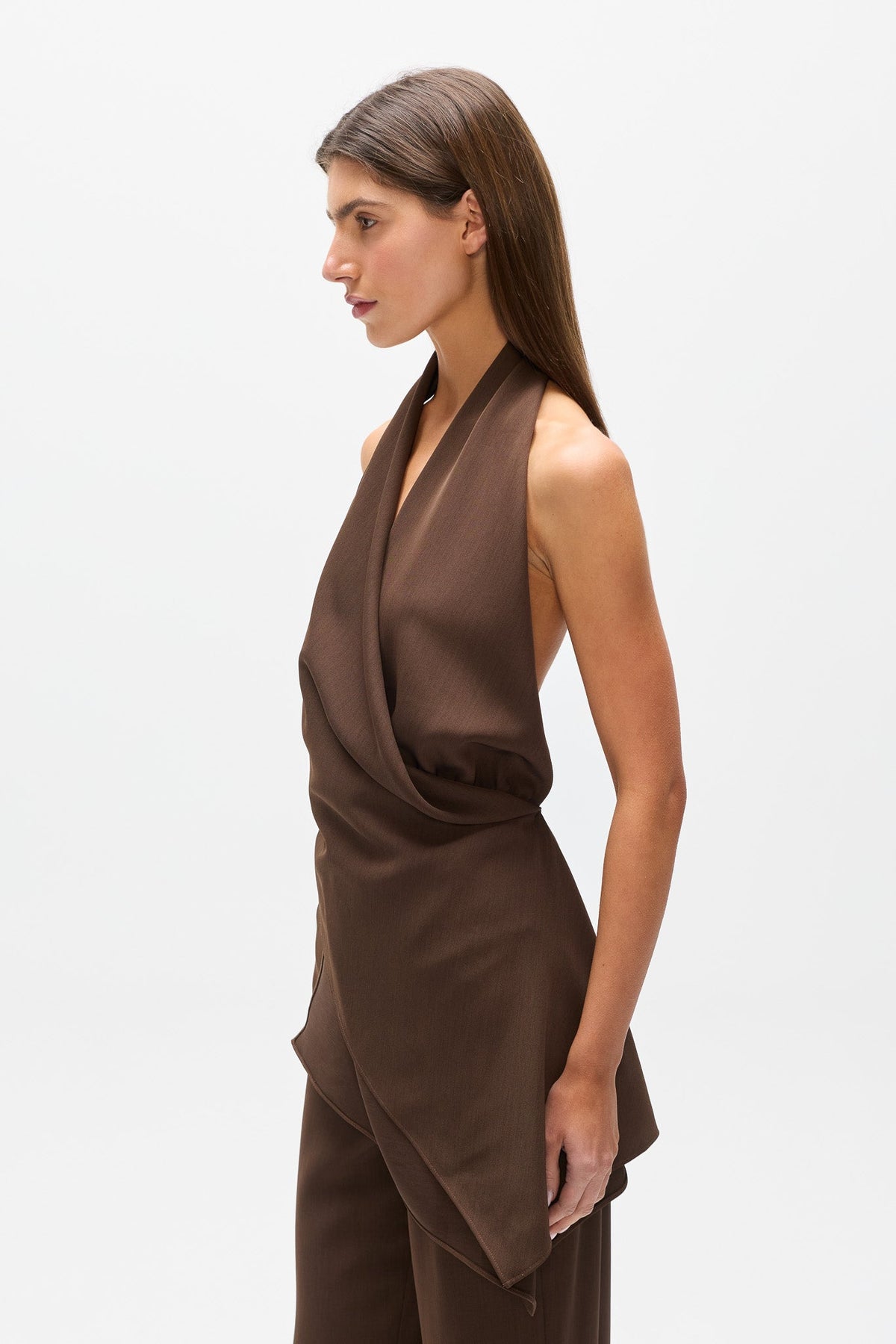 Adonai Draped Halter Top in Brown, view 3, Bayse Brand