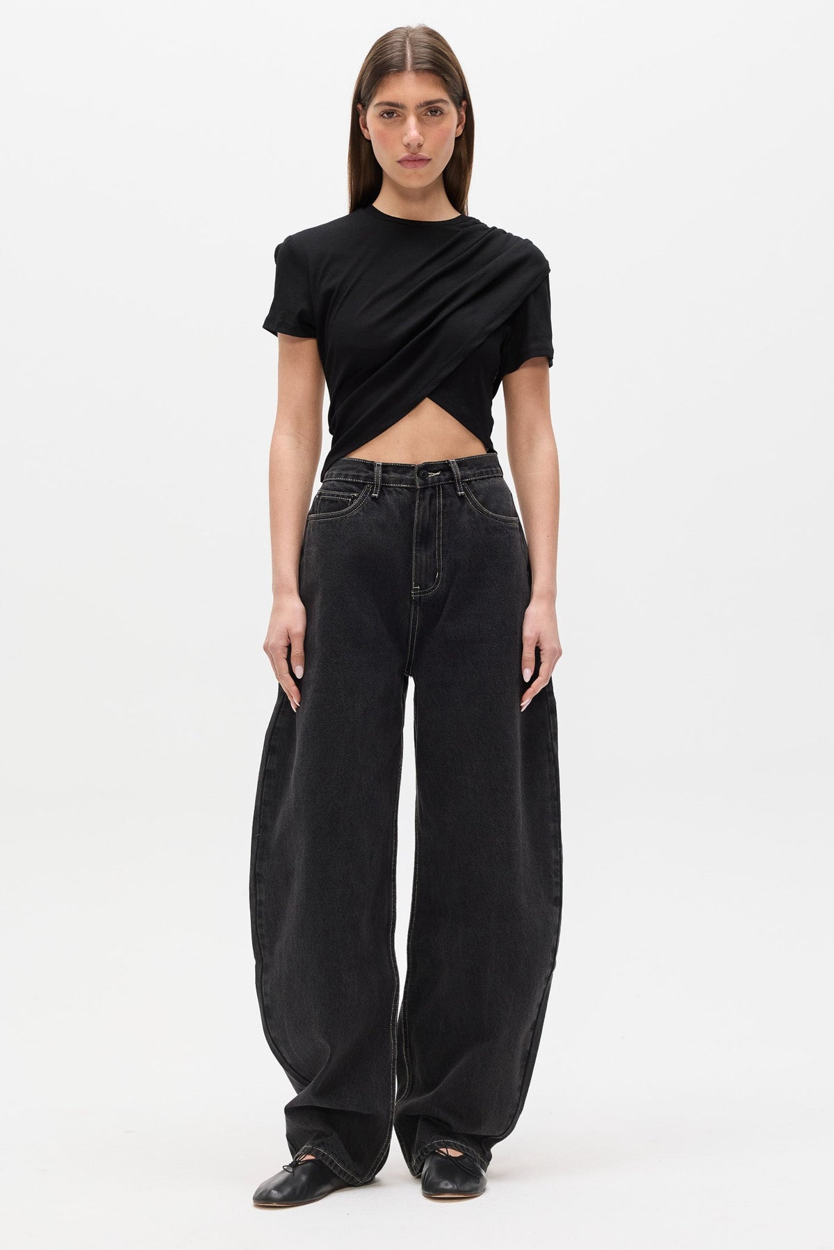 Astin Asymmetric Draped Crew Neck Top in Black, view 1, Bayse Brand
