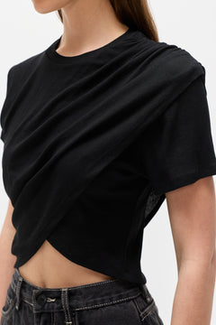 Astin Asymmetric Draped Crew Neck Top in Black, view 2, Bayse Brand