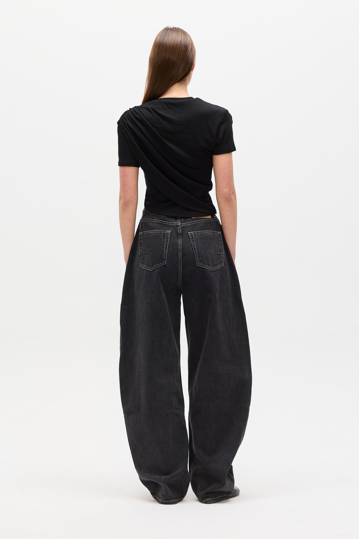 Astin Asymmetric Draped Crew Neck Top in Black, view 4, Bayse Brand