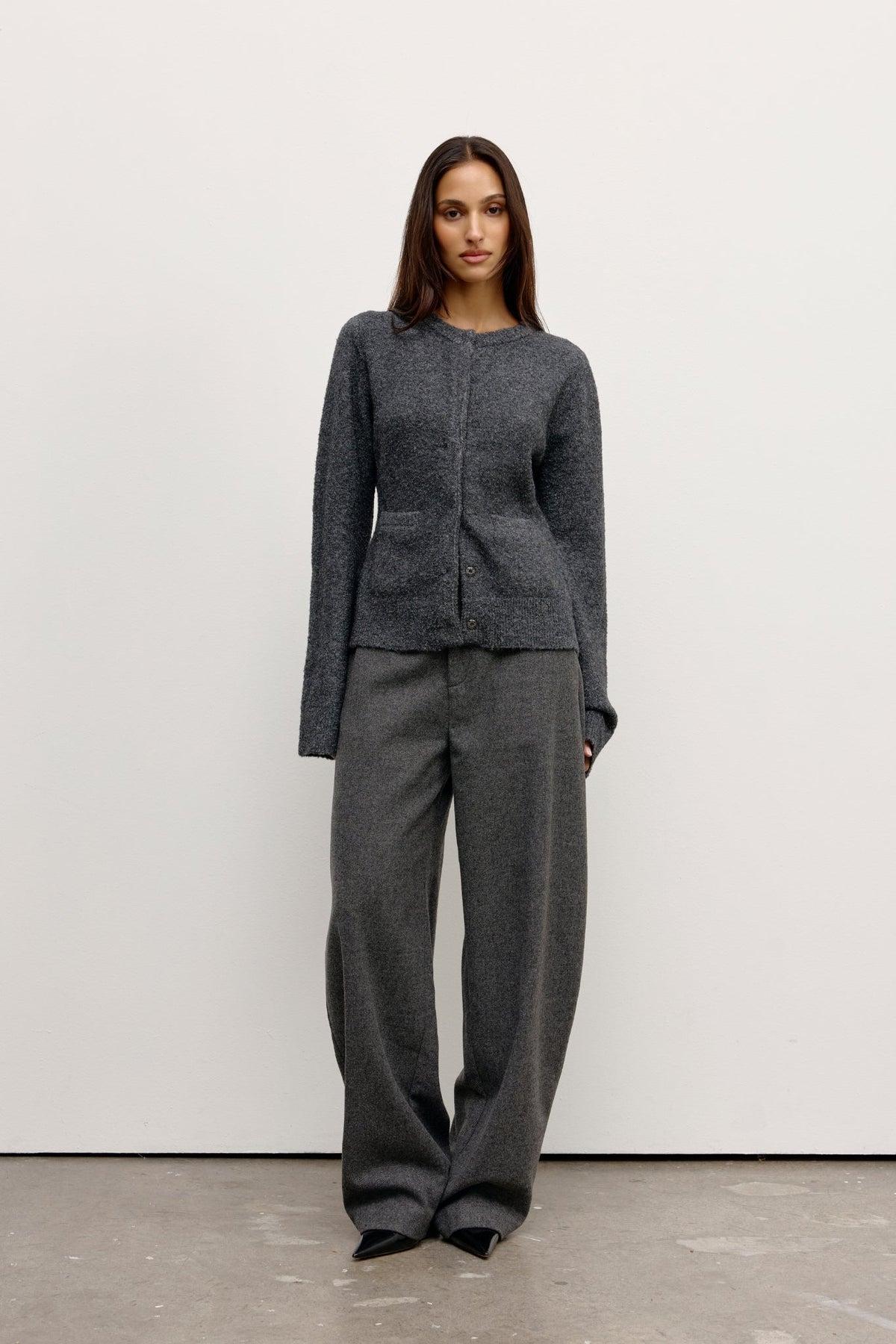 Beatrice Boucle Cardigan in Dark Heather Grey, view 1, Bayse Brand