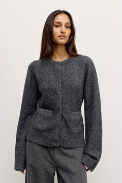 Beatrice Boucle Cardigan in Dark Heather Grey, view 2, Bayse Brand