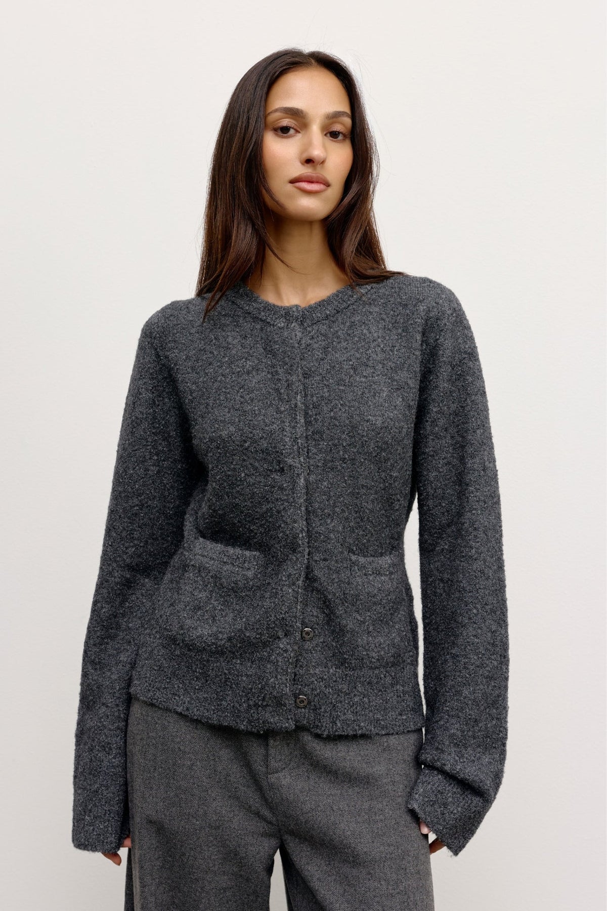 Beatrice Boucle Cardigan in Dark Heather Grey, view 2, Bayse Brand