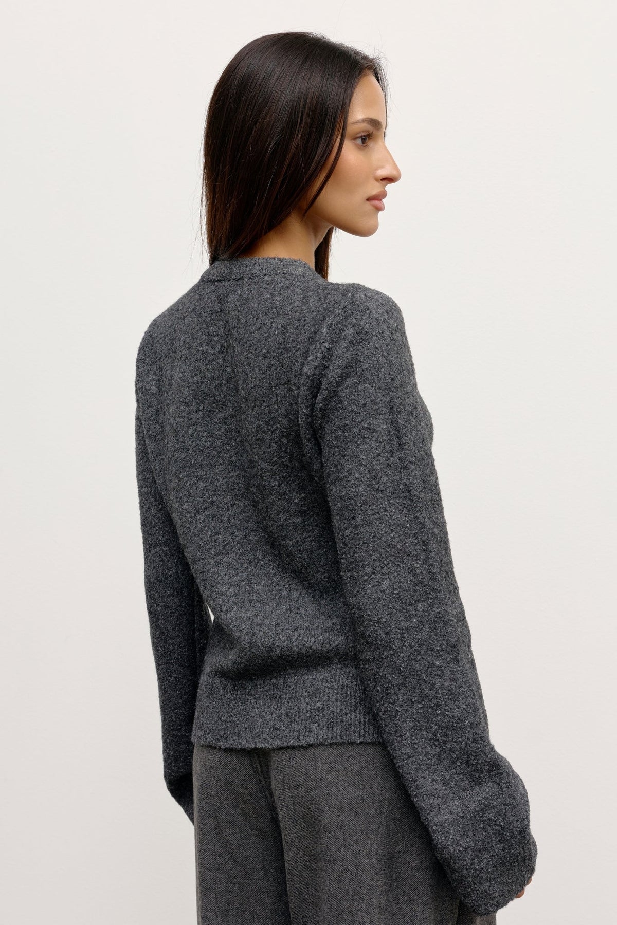Beatrice Boucle Cardigan in Dark Heather Grey, view 4, Bayse Brand