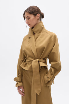 Briar Cropped Trench Coat in Khaki, view 2, Bayse Brand