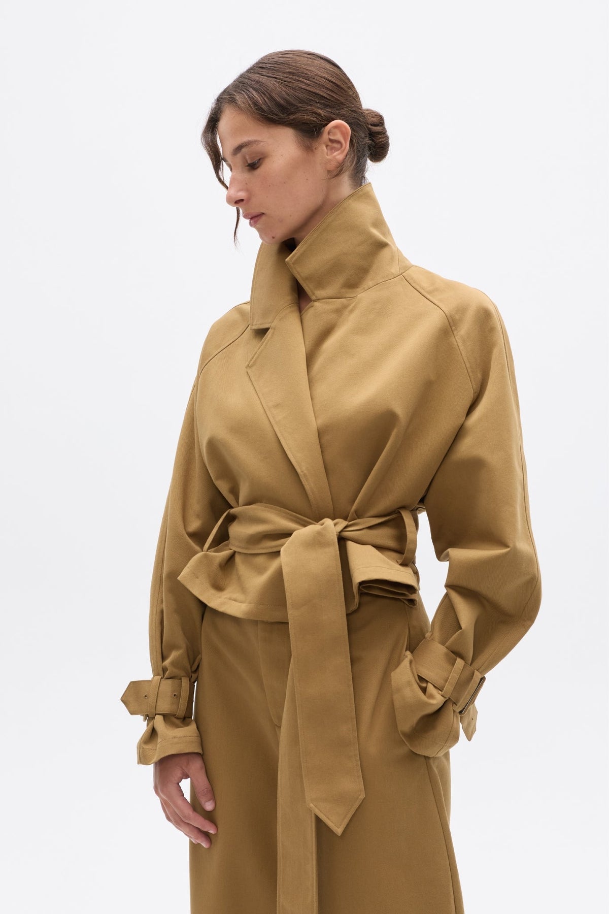 Briar Cropped Trench Coat in Khaki, view 2, Bayse Brand