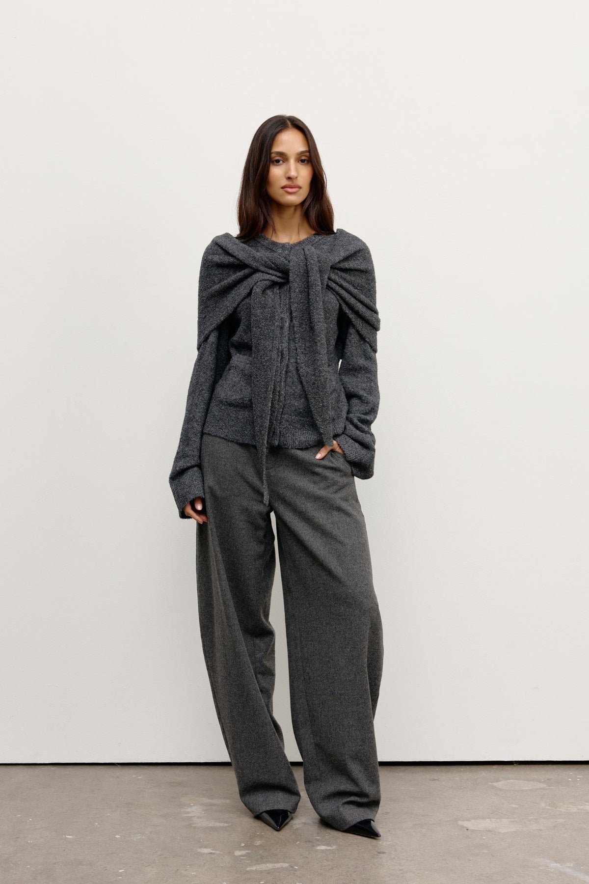 Cape Boucle Knit Scarf in Dark Heather Grey, view 1, Bayse Brand