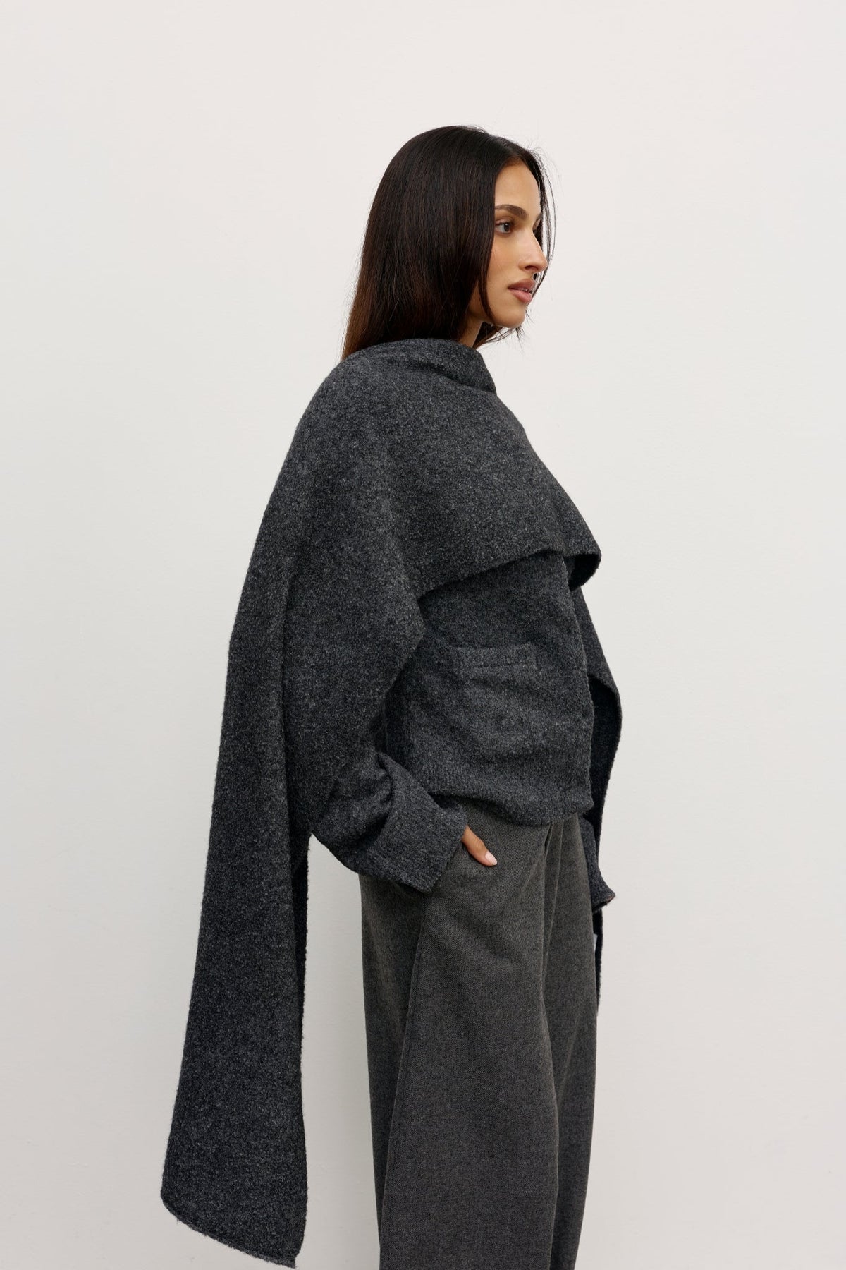 Cape Boucle Knit Scarf in Dark Heather Grey, view 2, Bayse Brand