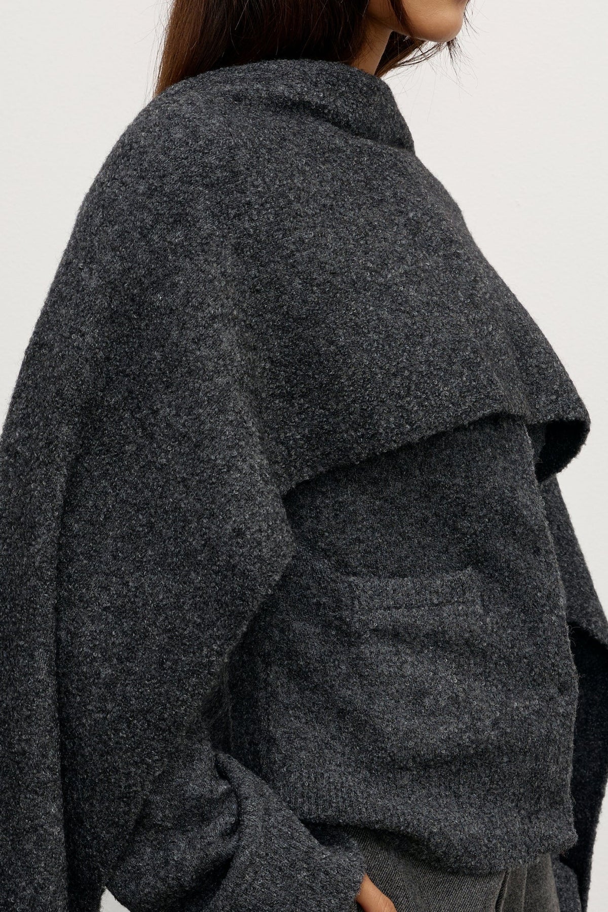 Cape Boucle Knit Scarf in Dark Heather Grey, view 3, Bayse Brand