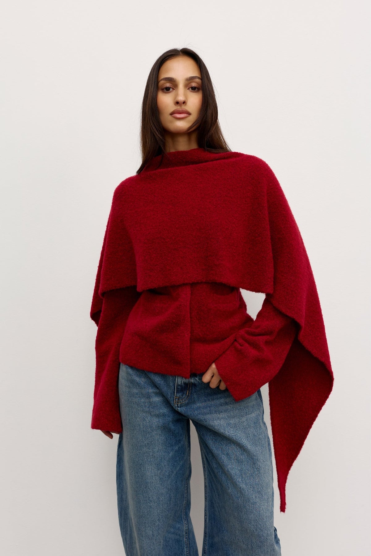 Cape Boucle Knit Scarf in Red, view 1, Bayse Brand