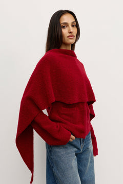 Cape Boucle Knit Scarf in Red, view 3, Bayse Brand