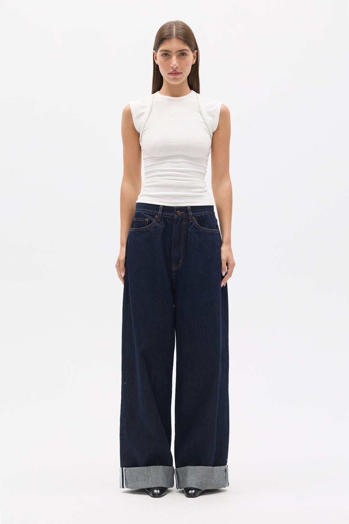 Elara Ribbed Crew Neck T-Shirt in White, view 1, Bayse Brand