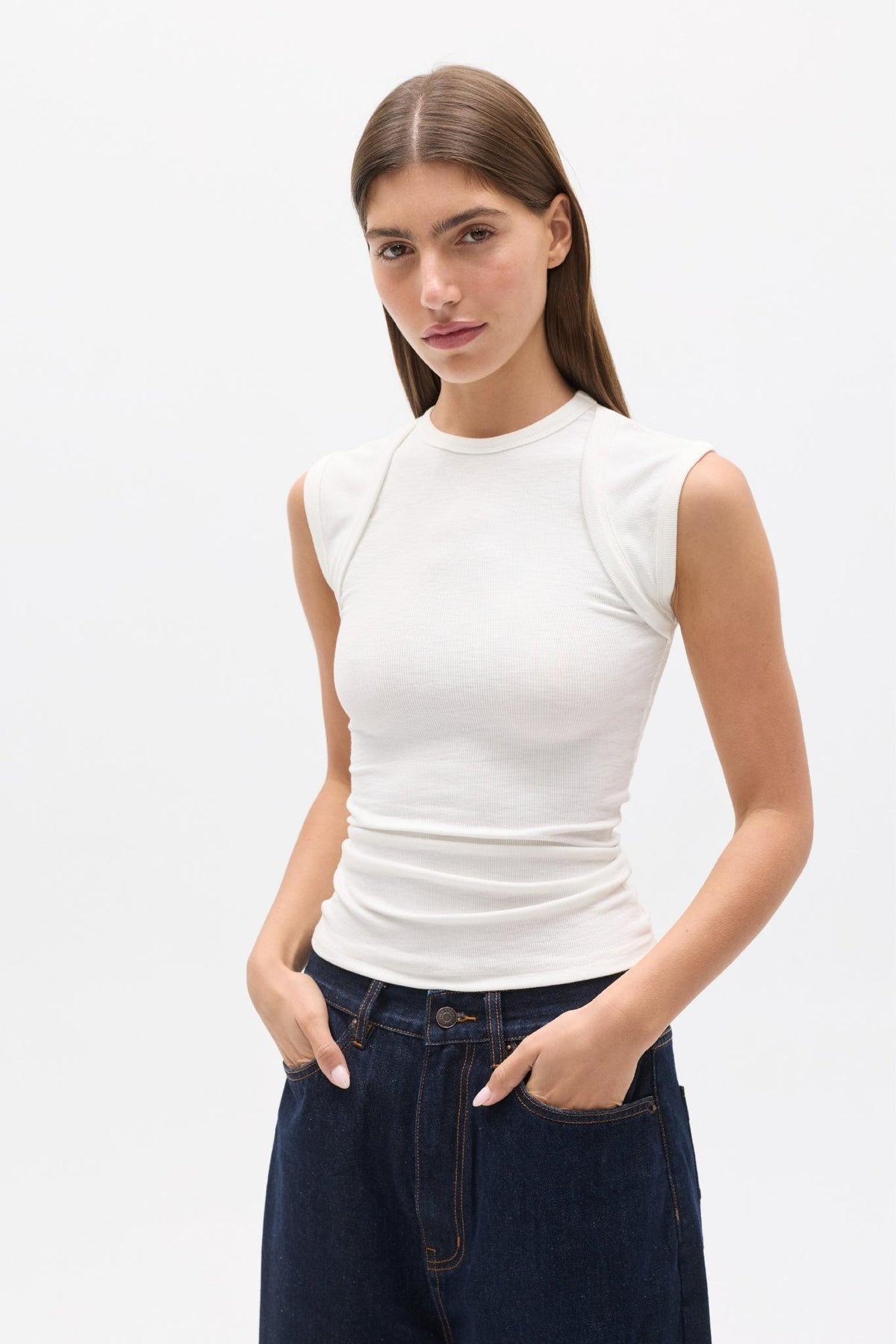 Elara Ribbed Crew Neck T-Shirt in White, view 2, Bayse Brand